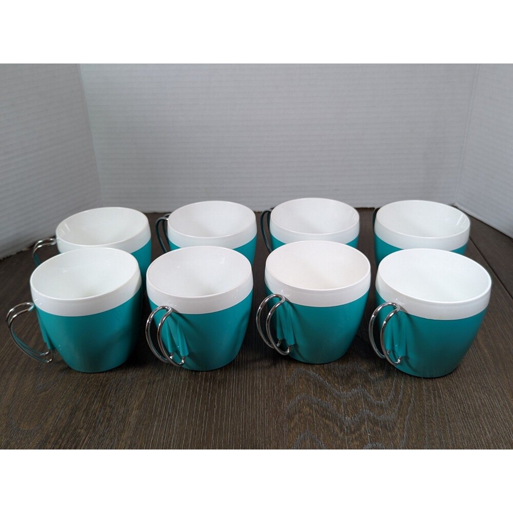 VTG SET OF 8 West Bend Thermo-Serv Coffee Mugs Turquoise White Metal Handle USA